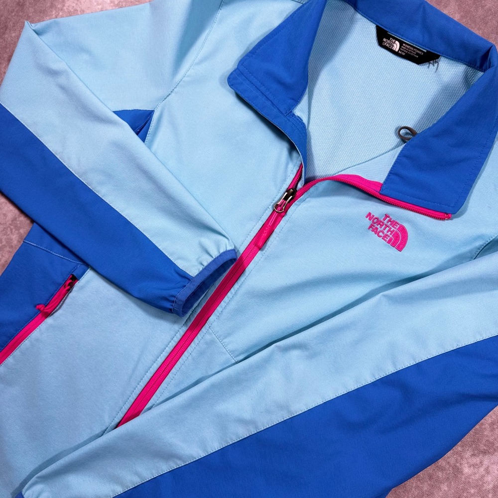 The North Face Womens Blue Colorblock Softshell Full Zip Jacket Pink Logo M